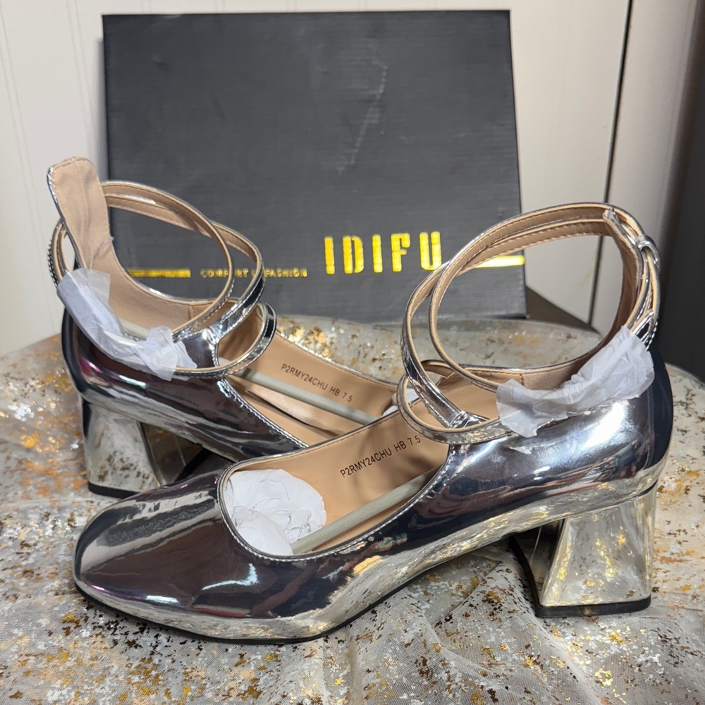 IDIFU Women's Shiny Silver Block Heels